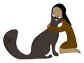 Clipart of a girl knelt to the ground and hugging a grey dog vector or color illustration