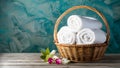 Abstract background enhances wicker basket with spa towels