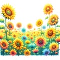 Sunflower field on a spring day. Watercolor on a white background. Royalty Free Stock Photo