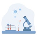 Clipart of laboratory research. Microscope, pipettes, Blood for research, viruses. The concept of laboratory studies in a flat