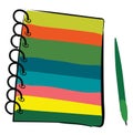 Clipart of a multi-colored wire-bound notebook and a green-colored pen vector or color illustration Royalty Free Stock Photo