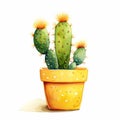 clipart of one tiny cactus in the yellow pot on white background generative AI Royalty Free Stock Photo