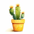 clipart of one tiny cactus in the yellow pot on white background generative AI