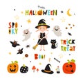 Clipart set of Halloween elements - little wich, ghosts, pumpkins, bats, black cat, and sweets. Vector collection of Halloween