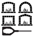 Clipart set of ovens with burning fire and pizza, vector