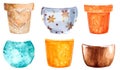 Plant clay pots of different colors, hand drawn watercolor illustration Royalty Free Stock Photo