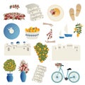 Clipart, set of vector illustrations summer travel concept. Abstract place, fruits, flowers and travel items. Royalty Free Stock Photo