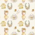 Clipart set watercolor baby clothes and flowers in yellow tones vintage, scrabooking paper