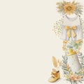 Clipart set watercolor baby clothes and flowers in yellow tones vintage, scrabooking paper Royalty Free Stock Photo