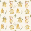 Clipart set watercolor baby clothes and flowers in yellow tones vintage, scrabooking paper Royalty Free Stock Photo