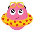 Clipart of a pink monster in a yellow life buoy warms himself while swimming in the hot summer, vector or color illustration