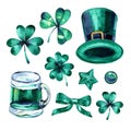 Clipart St. Patrick's Day. Watercolor green hat, clover, green beer, green star, green ribbon. Royalty Free Stock Photo