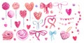 Clipart from watercolor illustrations. Heart-shaped lollipops, heart candies, marshmallows, satin ribbons, bows, beads, flags.