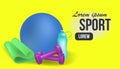 Clipart yoga mat, fitness ball, sports water bottle, dumbbells. Fitness center horizontal banners set. Sport equipment and