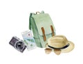 Cliparts of traveler`s accessories vacation items paited in wate