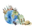 Cliparts of watercolor traveler`s accessories on background of