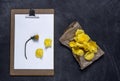 Clipboard with and aPetals of yellow rose on black background. V Royalty Free Stock Photo