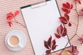 Clipboard, autumn leaves and cup of coffee with milk on pastel pink knitted plaid background. Autumn cozy. Flat lay, top view, Royalty Free Stock Photo