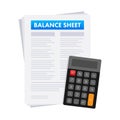 Clipboard with Balance sheet with calculator. Financial reports statement and documents. Vector stock illustration. Royalty Free Stock Photo