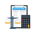 Clipboard with Balance sheet with calculator. Financial reports statement and documents. Vector stock illustration. Royalty Free Stock Photo
