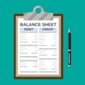 Clipboard with balance sheet and pen. Royalty Free Stock Photo