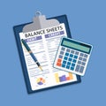 Clipboard with balance sheet and pen. Royalty Free Stock Photo