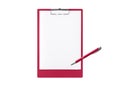 Clipboard with blank white A4 paper and pen in trendy color 2023 Viva Magenta isolated Royalty Free Stock Photo
