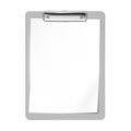 Clipboard with blank white paper sheet, realistic vector mock-up. Writing board with metal clip, mockup. Template for design