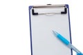 Clipboard with blank white piece of paper and blue pen on white Royalty Free Stock Photo