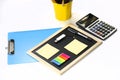 Clipboard, caculator, memo pads and pen Royalty Free Stock Photo