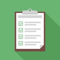 Clipboard with checklist. Exam or test form with checkboxes. Green background with shadow