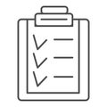 Clipboard with checklist form thin line icon. Medical plan and order checkboard symbol, outline style pictogram on white