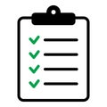 Clipboard with checklist with green checkmarks icon. Agreement symbol. Survey icon.