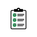 Clipboard with checklist icon for web with green check boxes isolated on white background.