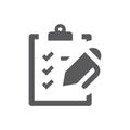 Clipboard checklist and pen black vector icon