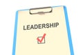 Clipboard checklist text LEADERSHIP. The concept of planning and execution. 3D illustration Royalty Free Stock Photo
