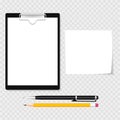 Clipboard with clamp, clutch, pen and pencil, clear list of paper. Gray background. Vector illustration