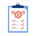 Clipboard and cogwheel, technical support check list, team work solution, project management, software upgrade. Testing Royalty Free Stock Photo