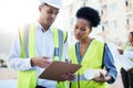 Clipboard, construction and team of people planning paperwork of property, engineering and architecture. Black woman Royalty Free Stock Photo