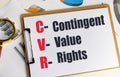Clipboard with contingent value rights CVR text on financial documents and magnifying glass Royalty Free Stock Photo