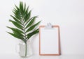 Clipboard with empty paper and tropic leaf in the jar.
