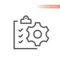 Clipboard and gear cogwheel line vector icon