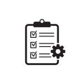 Clipboard with gear isolated icon. Technical support check list icon. Management flat icon concept. Software development.