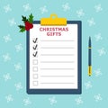 Clipboard with gifts checklist. Christmas gifts list concept. Christmas shopping concept. List with check marks and