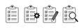 Clipboard icon. Checklist with gear, checkmarks, magnifier and pencil.