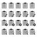 Clipboard icon. Checklist with gear, checkmarks, magnifier and pencil. Vector illustration.