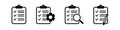 Clipboard icon. Checklist with gear, checkmarks, magnifier and pencil. Vector illustration.