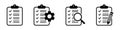 Clipboard icon. Checklist with gear, checkmarks, magnifier and pencil. Vector illustration.