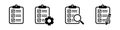 Clipboard icon. Checklist with gear, checkmarks, magnifier and pencil. Vector illustration.