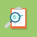 Clipboard icon and magnifying glass. Confirmed or approved document. Flat illustration isolated on color background. Royalty Free Stock Photo